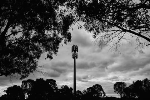 A black-and-white silhouette of a mobile phone tower framed by trees and clouds